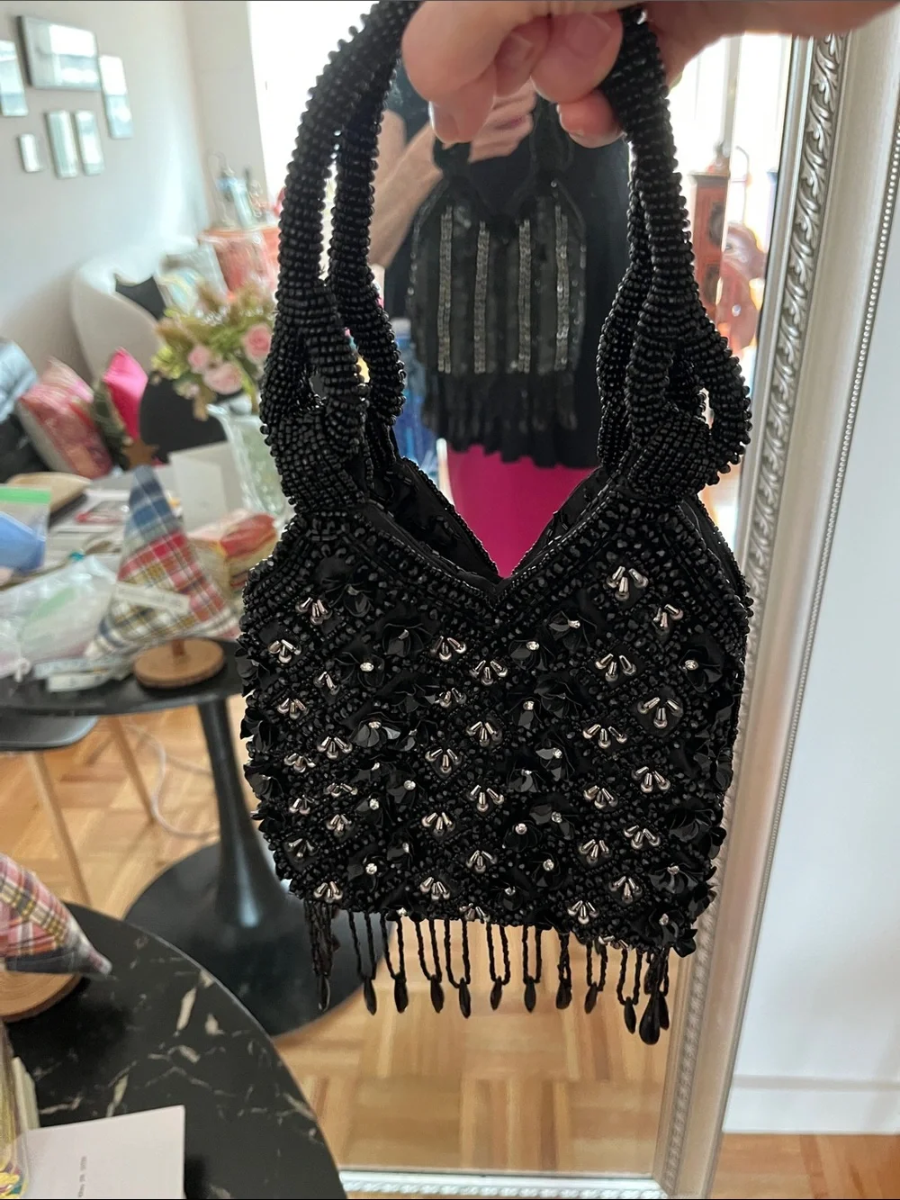 Zara Black Beaded Fringe Evening Wristlet